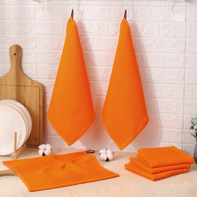 Kitinjoy 100% Cotton Kitchen Dish Cloths (12 X 12 Inches, Orange), 6 Pack Waffle Weave Ultra Soft Absorbent Dish Towels for Drying Dishes Quick Drying Kitchen Towels Dish Rags