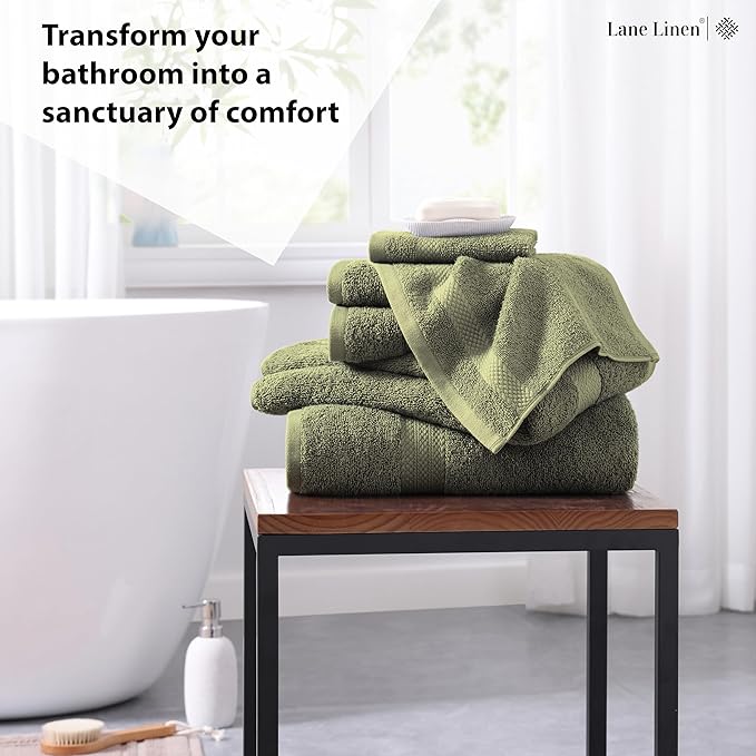 LANE LINEN Luxury Cotton Bath Towel Pack of 6 - Softer, Highly Absorbent & Durable - 2 Bath, 2 Wash cloths, 2 Hand Towels for Bathroom - Premium Look, Spa Quality, Solid Dyed Towels - Oil Green