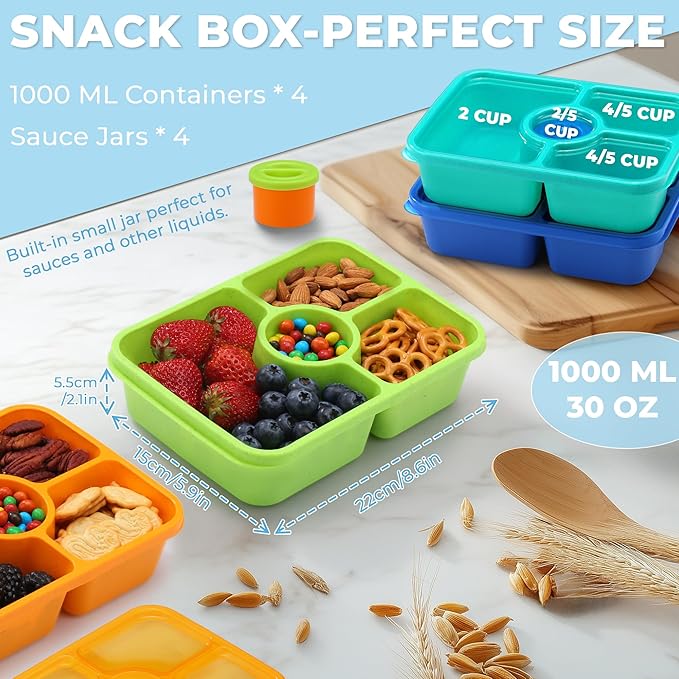 Bento Snack Box Containers, Meal Prep Container Reusable for Kids, Stackable Bento Box Adult 4 Pack, Divided Food Storage Containers with Clear Lids, Sauce Container, Bright Colors