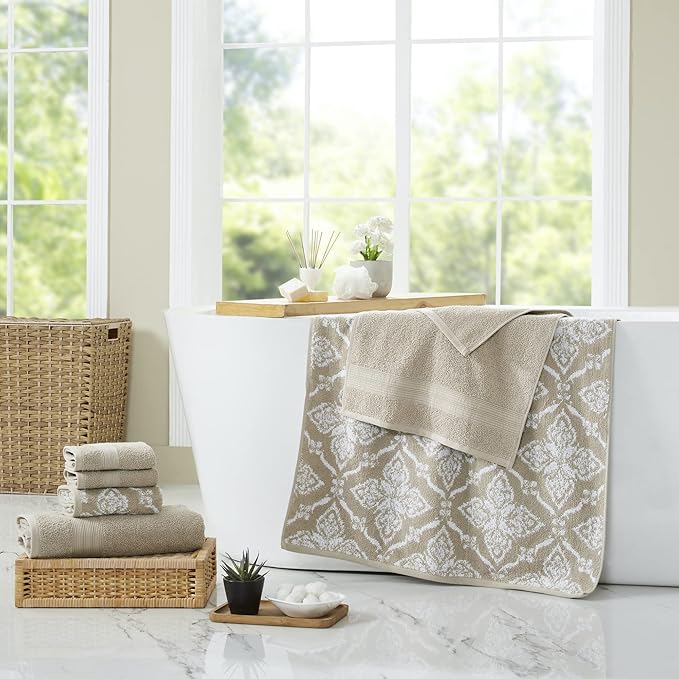 Modern Threads Amaris 6-Piece Reversible Yarn Dyed Jacquard Towel Set - Bath Towels, Hand Towels, & Washcloths - Super Absorbent & Quick Dry - 100% Combed Cotton, Khaki