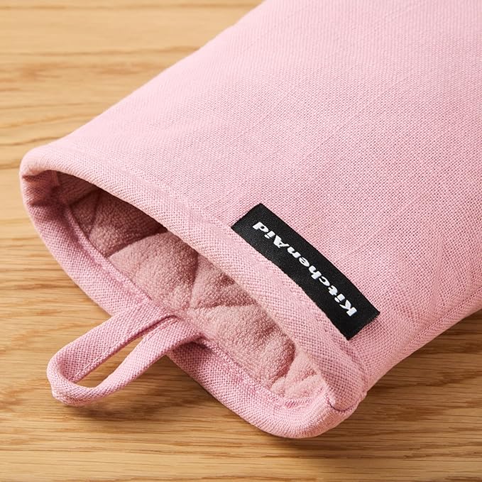 KITCHENAID Gourmet Series Gridlines Mini Oven Mitts 2-Pack Set, Heat Resistant up to 600°F, Soft Silicone Grip, Magnetic Cuff, Dried Rose, 5.5"x9"