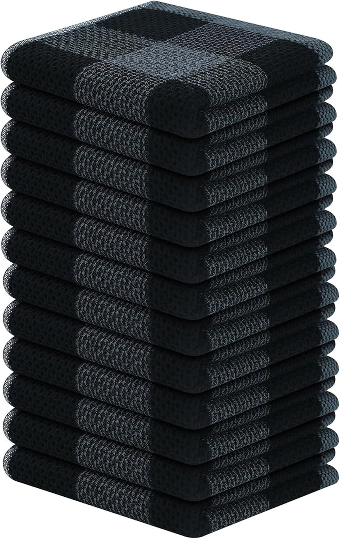 Mordimy 100% Cotton Waffle Weave Plaid Dish Cloths, 12 x 12 Inches, Super Soft and Absorbent Quick Drying Buffalo Check Dish Rags for Kitchen, 12-Pack, Black & Grey
