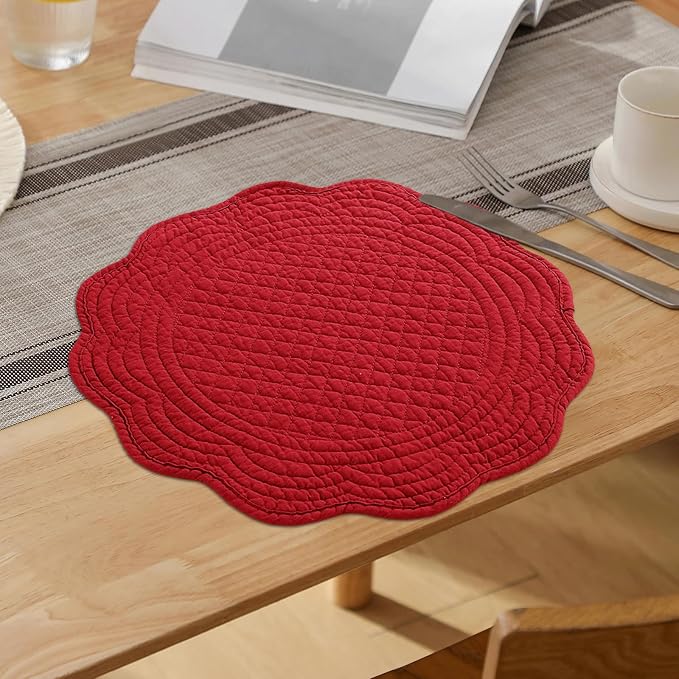 HOMBYS Quilted Placemats Set of 6 Washable Round Placemats for Kitchen Table-100% Cotton Fabric 14 Inch Round Table Mats, Cotton Fabric with Microfiber Filling, (14"x14", Red)
