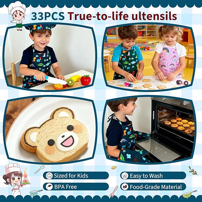 Kids Cooking and Baking Chef Set, Apron Chef Hat Accessories Complete Cooking Set, Dress Up Pretend Play Career Role Play Costume Toys Thanksgiving for Boys Girls