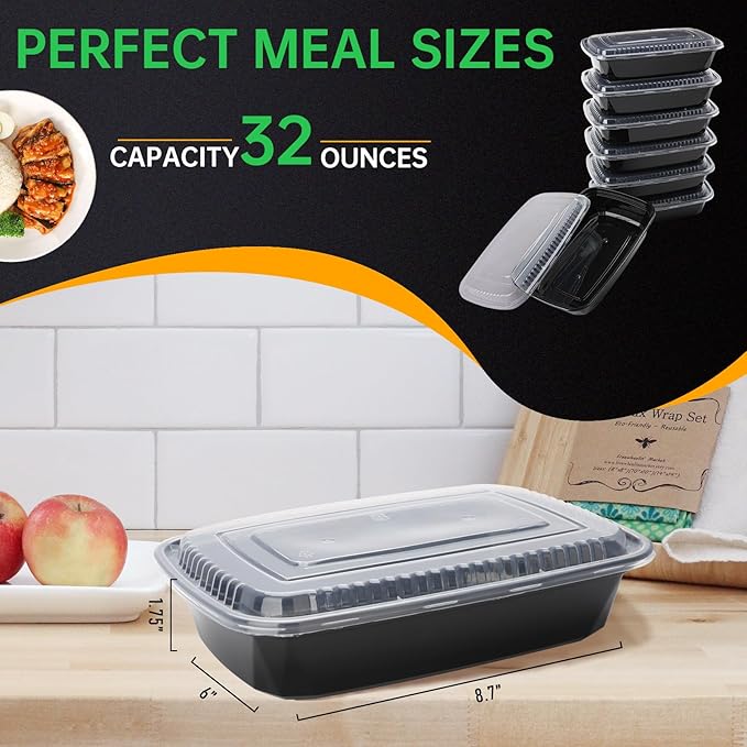 WUHUIXOZ Meal Prep Container, 90 Pack 32 oz Food Storage Containers with Lids, Disposable Bento Box Reusable Plastic Lunch Box, BPA Free Take-Out Box Microwave Dishwasher Freezer Safe