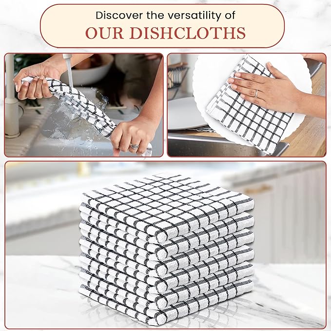 Vintage Vista 100% Cotton Dish Cloths (Pack of 6) - Dish Rags for Washing Dishes - Reusable & Highly Absorbent Kitchen Towels - Kitchen Rags fo Easter - (12" x 12" - Black Checkered)