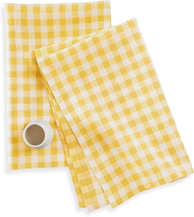 Solino Home Linen Kitchen Towels Set of 2 - Marigold Yellow 17 x 26 Inch - 100% Pure Linen Gingham Check Kitchen/Tea Towels - Machine Washable and Handcrafted from European Flax