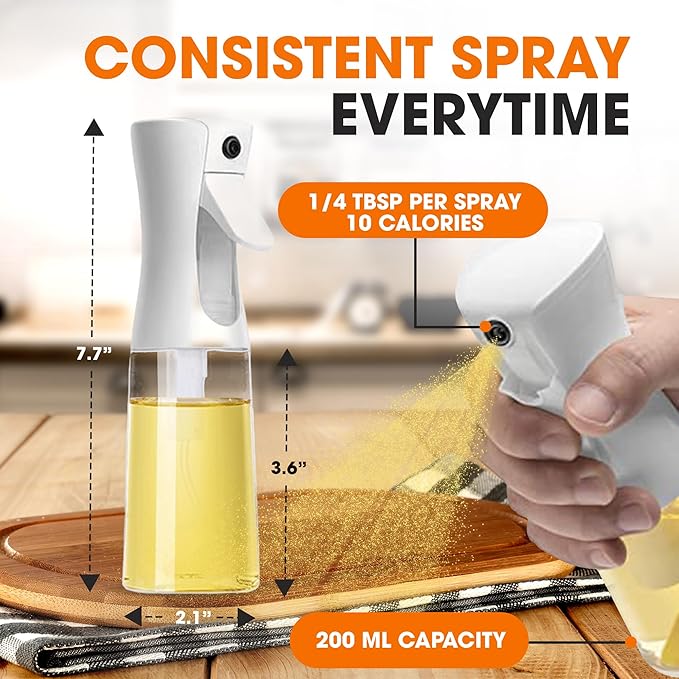 Cheer Collection Glass Oil Sprayer Set of 2 – 200ml Olive Oil Sprayer Bottles for Cooking, Refillable Oil Mister & Dispenser, White Olive Oil Spray Bottle for Food Prep