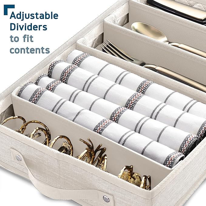 Flatware & Utensil Storage, Durable Silverware Storage Box with Padded Dividers, 5 Compartment Flatware Storage Case, Silverware Case with Handles, Protects and Organizes Cutlery, Cream