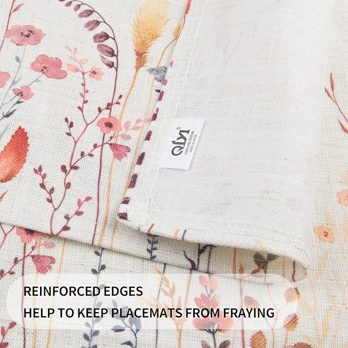 QIYI Boho Placemats Set of 6, 12x18 Inch Linen Fabric Floral Place Mats for Kitchen Dinning, Farmhouse Rustic Cloth Table Mats, Washable Placemat Party Table Décor, Autumn Wildflowers