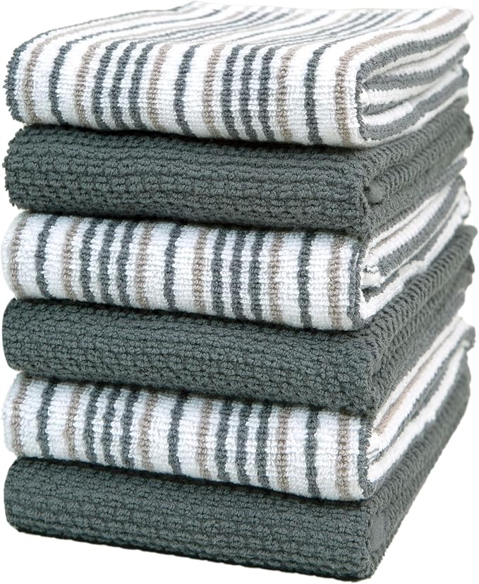 Kitchen Towels 16”x 26” - 6 Pack | Large Cotton Dish Towels | Popcorn Stripe Design | 430 GSM Highly Absorbent with Hanging Loop | Gray