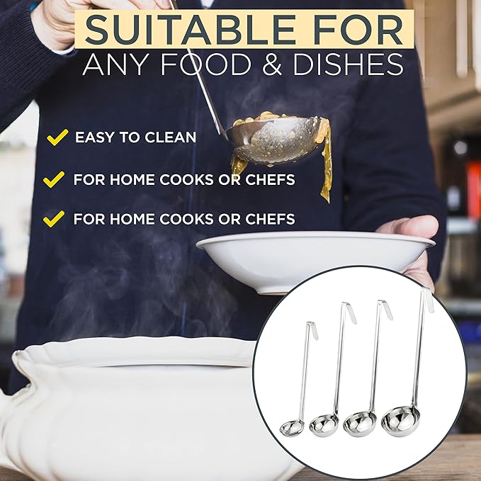 Fit Meal Prep Stainless Steel Soup Ladle One-Piece Sauce Spatula with Hook Handles, Commercial Grade Serving Spoon, Kitchen Tool for Restaurant or Home Cooking [Pack of 4] - 2oz, 4oz, 6oz, 8oz