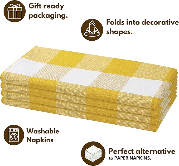 Native Fab Set of 4 Buffalo Plaid Cloth Dinner Napkins - 100% Cotton - 16x16 inches, Soft, Absorbent, Restaurant Hotel Quality - Easy Care, Washable, Everyday Use - Lemon Yellow