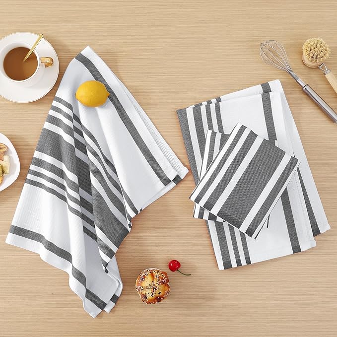 Homaxy Premium Kitchen Towels 18”x 28”, Large Cotton 380 GSM Kitchen Hand Towels, Stripe and Terry Dish Towel, Highly Absorbent Tea Towel Set with Hanging Loop, 8 Pack, Black