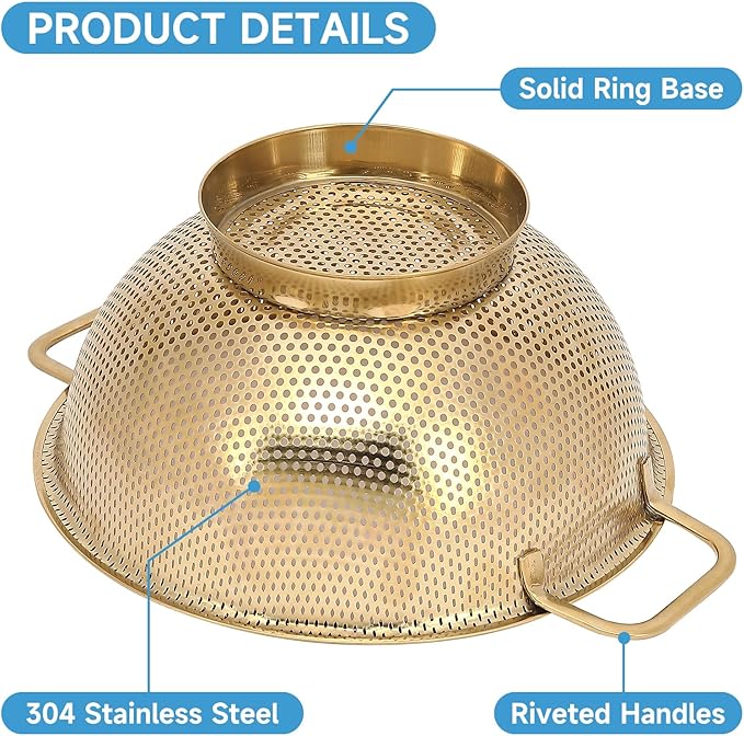 2PCS Gold Strainer for Kitchen, 3QT and 5QT, Stainless Steel Colander with Handle for Fruits Vegetables Cooking Food, Dishwasher Safe