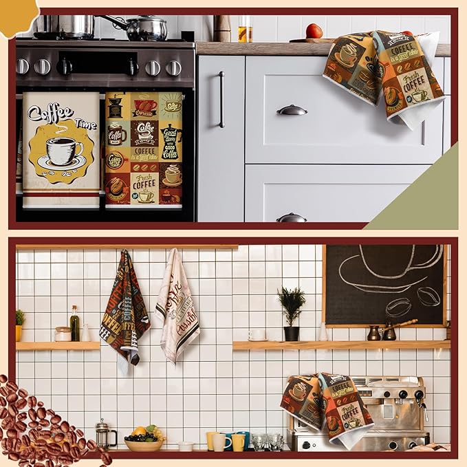 Bencailor 6 Pcs Coffee Kitchen Towels Decorative Sets Dish Towels Absorbent Fast Drying Hand Tea Vintage Hanging Reusable Cleaning Dishcloths for Cooking Farmhouse Bathroom Accessory