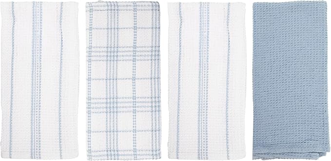 MosJos Kitchen Towels Set of 4 Dish Towels Blue n White Waffle Weave Cotton Hand Towels, 18 x 28 Absorbent Kitchen Linens