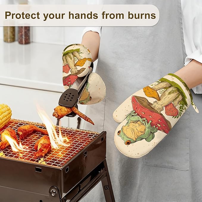 Green Frog Oven Mitts and Pot Holders Sets,Silicone Mushroom Kitchen Mitts Potholders Heat Resistant 4Pcs Oven Gloves Hot Pads for Kitchen Baking Cooking