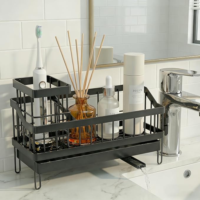 Sink Caddy with 360° Rotating Self Draining, Countertop Sponge Holder, Sink Side Organizer for Bottle Brushes, Sink Accessories for Kitchen, Bathroom - Black