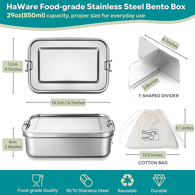 HaWare Stainless Steel Bento Box, 29oz (850ML) Leak-Proof Lunch Box for Kids Adults, 3 Compartments Food Containers with Removable Dividers and Bag, Metal Lunch Containers for Snack Meal Sandwich