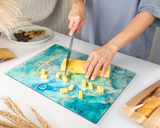 Kitchenville Glass Cutting Board 16"x12": Tempered Glass Kitchen Counter Protector - Durable- Scratch-Resistant, Heat-Proof - Design 9 - Teal Ocean