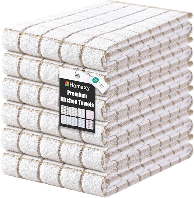 Homaxy Premium Kitchen Towels(16”x 28”, 6 Pack), Large Ring Spun Cotton Dish Towels, Super Absorbent Soft Terry Kitchen Hand Towels, Check Design Tea Towel Set with Hanging Loop, Tan