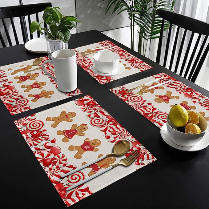 Ansouyi Placemats Set of 6, Christmas Candy Cane and Gingerbread Man Washable Heat Resistant Linen Table Mats, Kitchen Decor Non-Slip Place Mats for Party Dining, 12x18 Inch