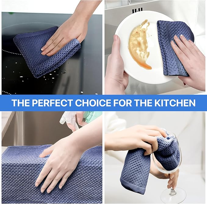 100% Cotton Waffle Weave Kitchen Towels, 6 Pack Dish Cloths for Washing Dishes, Ultra Soft Absorbent Dish Towels, Quick Drying Kitchen Rags, 12x12 Inches, Dark Blue