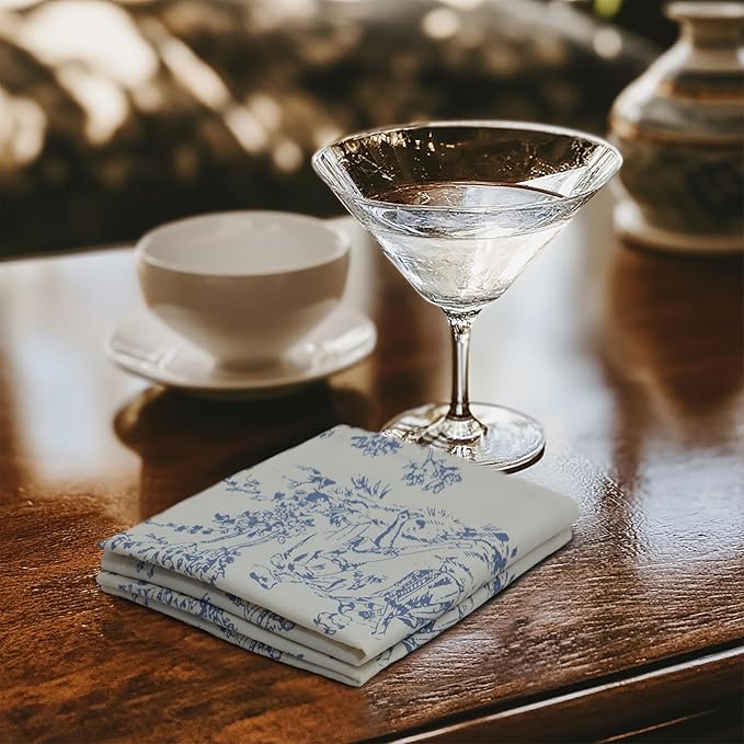 COTTON CRAFT French Country Toile Cloth Cocktail Napkins - Set of 12 - 100% Cotton Bar Napkin for Happy Hour, Beverage, Dessert, Drinks - Holiday Party Gift - 10x10 - Blue