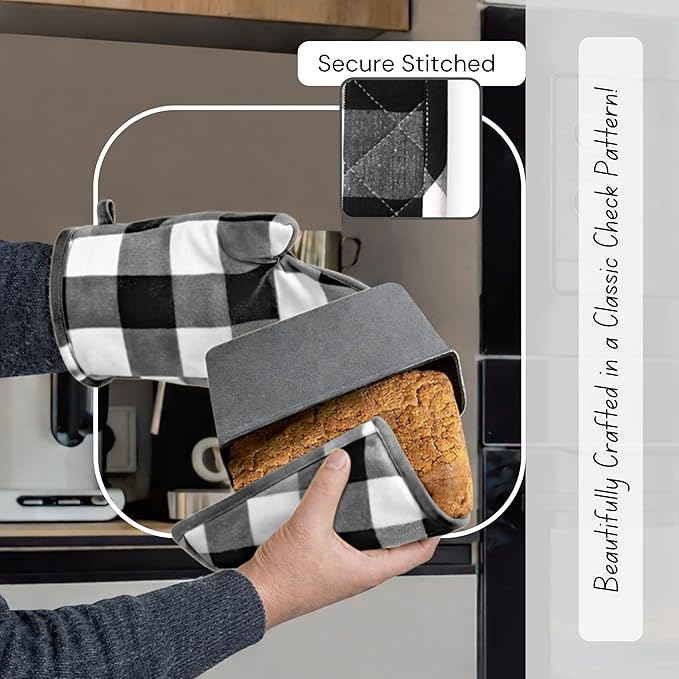 Native Fab Buffalo Plaid Check Oven Mitts and Pot Holders Set of 4, 100% Cotton Heat Resistant Kitchen Gloves, 2 Oven Mitts (7x13), 2 Pot Holders (8x8) for Cooking & Baking, Black White