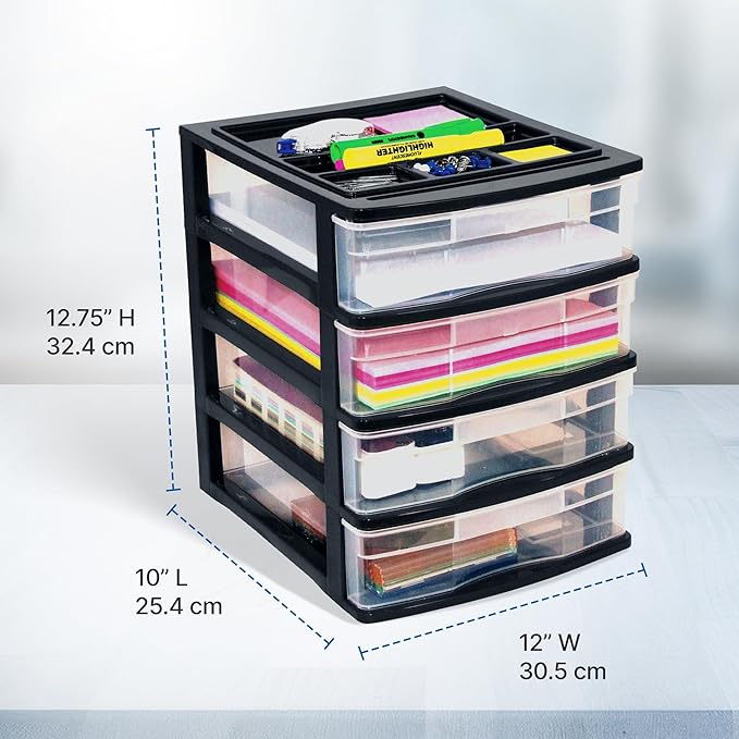 Gracious Living 4 Drawer Desktop & Countertop Organizer w/Organization Lid for Craft Storage, Office Supplies & School Supplies, Black/Clear (2 Pack)