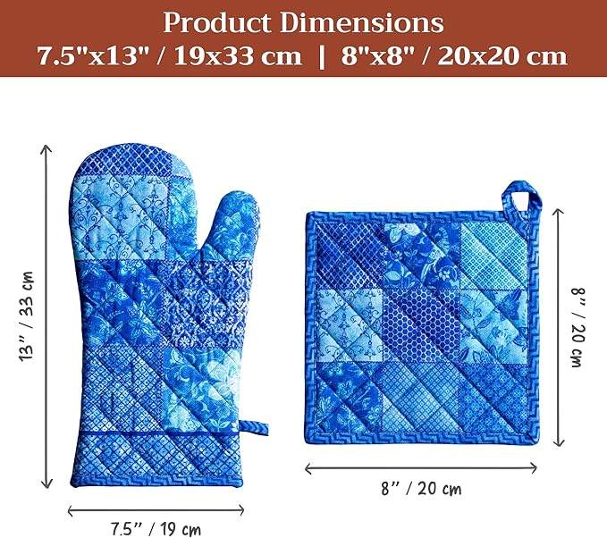 Maison d' Hermine 100% Cotton Oven Mitt & Pot Holder Set (7.5"x13" & 8"x8") Heat Resistant BBQ Cooking Gloves with Loop Baking Grilling Kitchen Gifts for Mothers Day Spring/Summer (Indigo Love)