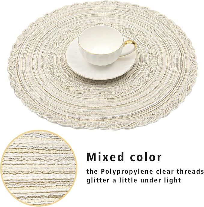 SHACOS Boho Round Placemats Set of 8 Braided Border Round Place Mats 15 inch Washable Dining Table Mats for Home Wedding Holiday Party (Ivory Bordered, 8)