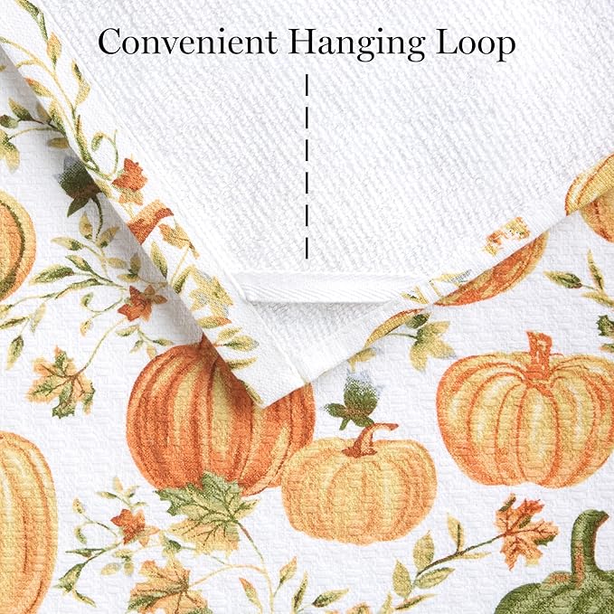 Martha Stewart Autumn Harvest Pumpkins Kitchen Towel 3-Pack Set, 100% Cotton with Absorbent Terrycloth, Decorative Kitchen Towels, Orange/Green/Ivory, 16"x28"