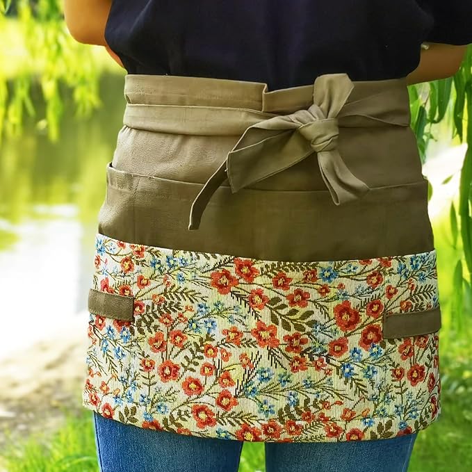 Garden Apron for Woman, Serve Apron Cute, Flora Half Apron with 8 Pockets, Valentines Gift for Mom Wife Girlfriend