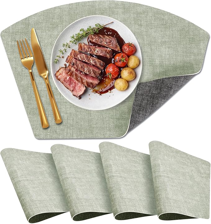 Round Table Placemats Set of 4, Dual-Sided Wedge Shape Faux Leather Table Mats, Washable Wipeable Heat Resistant Place Mats for Outdoor Indoor, Green Gray