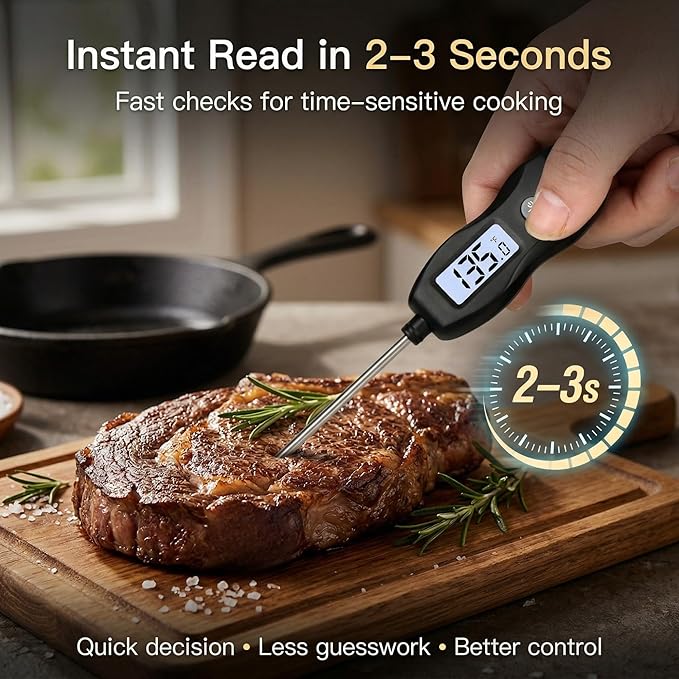 Meat Thermometer Digital with Backlight – Instant Read Food Thermometer Waterproof for Cooking BBQ Grilling Steak Bread Baking Turkey Candy Oil Liquid (Black)
