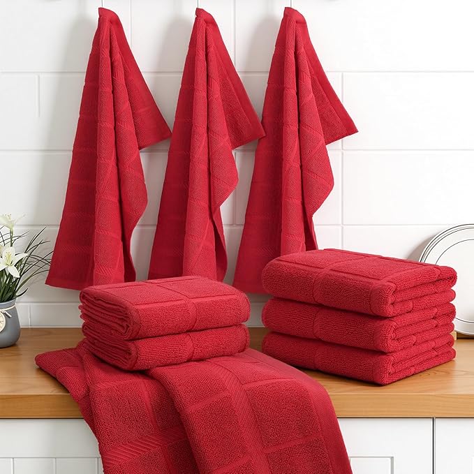 Homaxy Premium Kitchen Towels 18"x28", 8 Pack Large Cotton 380 GSM Dish Towels, Soft and Absorbent Kitchen Hand Towels with Terry Grid Design, Utility Tea Towel Set with Hanging Loop, Red