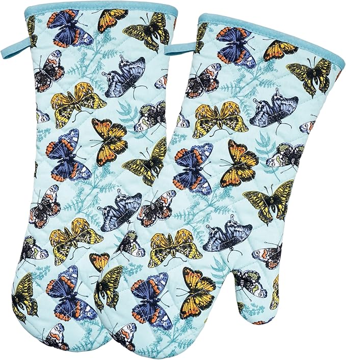 Oven Mitts Cotton Fashion Cute Butterfly Design 1pair Heat Resistant Oven Gloves Safe Cooking Baking Grilling Barbecue Machine Washable Pot Holders (Butterfly)