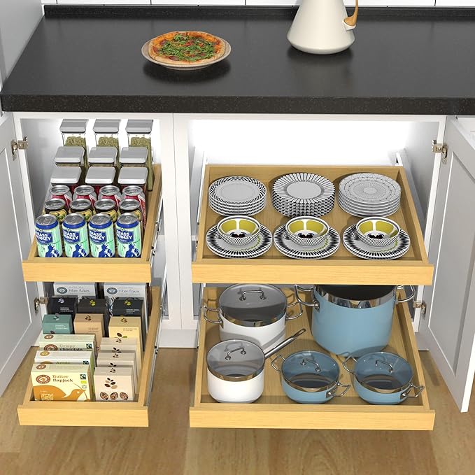 Wooden Pull out Cabinet Organizer 14" W x 21" D x 3.35" H, Heavy Duty Slide Out Drawers Pull-Out Home Organizers for Kitchen Cabinets