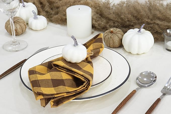 PurpleEssences Buffalo Plaid Cloth Napkins - Mitered Corners - Spring Easter Summer Gingham Check Dinner Napkin - Set of 12-100% Cotton - 18x18 Inch - Reusable Washable - Golden Yellow and Nut Brown