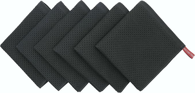 Mia'sDream Cotton Kitchen Towels and Dish Cloths Sets, Waffle Weave Dish Towels for Kitchen Drying Dishes, Soft and Absorbent Kitchen Hand Towels Washcloths,12inchx12inch 6 Pack (Black)