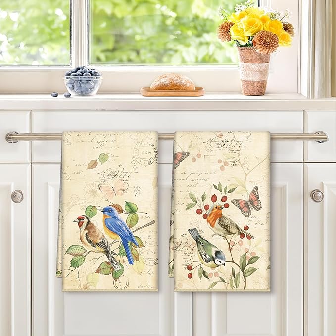 Bird Branch Microfiber Kitchen Towels, Soft Absorbent Hand Towel 15.7 × 23.6 inch, Thick Dish Cloth for Party Anniversary Holiday Decoration, Housewarming Gifts for Mom