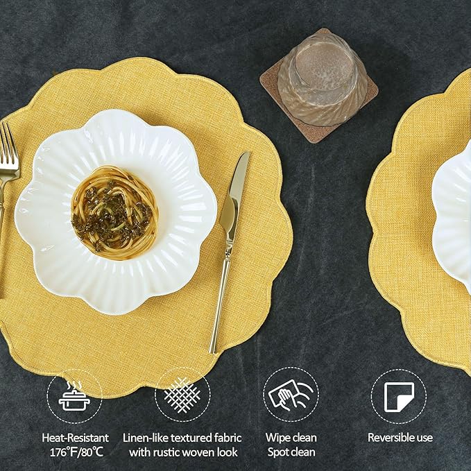 AHHFSMEI Round Faux Linen Placemats Set of 4 Heat Resistant Non-Slip Stain Proof Table Mats for Kitchen Dining Elegant Decor Place Mats (Yellow,4)