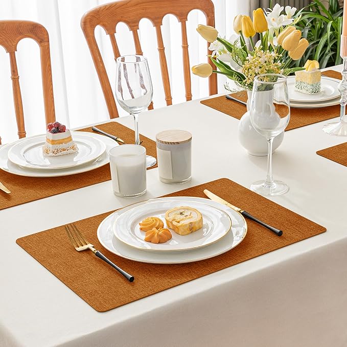 Romanstile Vinyl Placemats Set of 8-12 X 17 Inch - Faux Leather 100% Waterproof Oil-Proof Wipeable Place Mats, Heat Resistant Reversible PU Table Mats for Kitchen Dining Party Outdoor, Orange