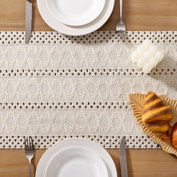 Socomi Boho Table Runner Easter Spring Farmhouse Rustic Dining Kitchen Centerpiece Decor Small Macrame Woven Cotton Linen Coffee Table Runner for Dresser Scarf Home Decor 12x36 inch Beige