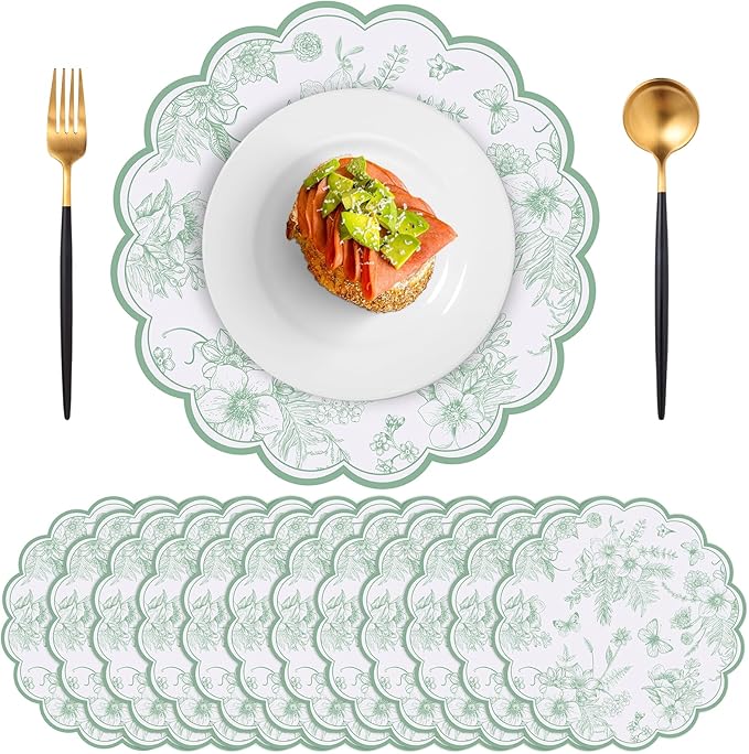 60 Pcs Sage Green Floral Paper Placemat, 13.5 Inch Disposable Scalloped Table Mats Wedding Placemats,Vintage Floral Banquet Place Mats for Mother's Day Wedding Bridal Tea Party Wildflower Party Decor