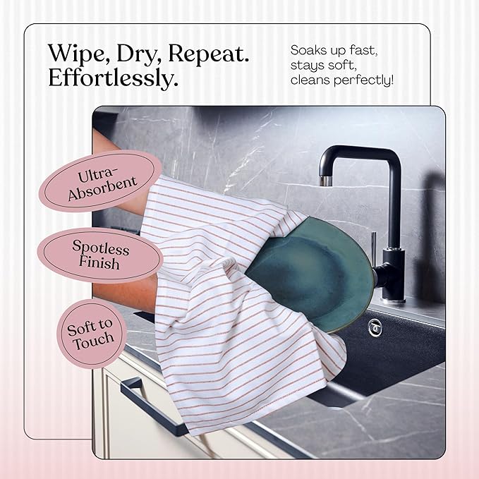 Rust Stripe Dish Towels, 3 Pack, 100% Cotton, Super Absorbent and Quick Dry, Classic Striped Kitchen Towel Set, Durable Wash Cloths for Kitchen Use, Cleaning & Drying Dishes