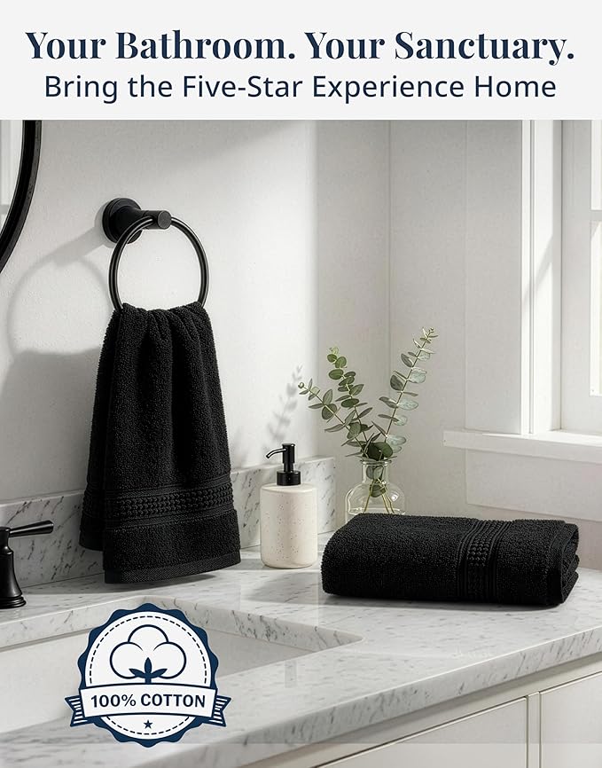 Black Hand Towels for Bathroom - 6 Pack (16"x28"), 100% Ringspun Cotton Hand & Face Towel - Soft, Prevent Fraying, Fade and Shrink Resistant - Daily Use Gym Towels for Men & Family Bathroom Hand Towel