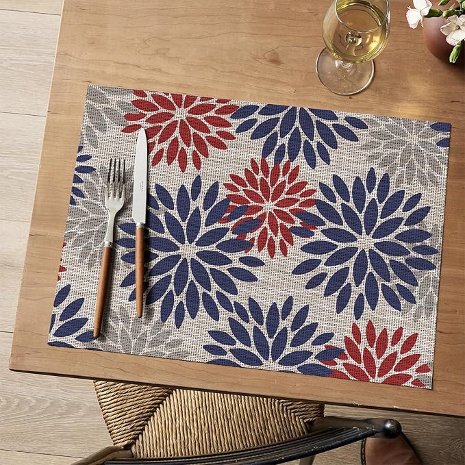 Artoid Mode Floral Vinyl Plastic Placemats Set of 4, 12x18 Inch 4th of July Patriotic Memorial Day Washable Non-Slip PVC Place Mats for Party Kitchen Dining Decor, Red Blue
